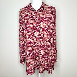 Susan Graver Womens Tan & Pink Camo Long Sleeve Button Down Tunic Top Size L